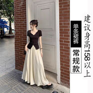 GOCHIEI2件套套裝女黑色開叉V領(lǐng)短袖T恤夏季高腰闊腿褲長裙褲休閑半身裙 杏色裙褲[常規(guī)款] M 100-115