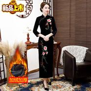 初徑秋冬加絨旗袍改良連衣裙中年女刺繡媽媽復古金絲絨長(cháng)款旗袍裙 加絨 3號花黑色 XL建議【113~124斤】