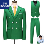 罗蒙ROMON2022男士大码西服三件套双排扣纯色西装商务正装 绿色 M