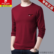 皮爾卡丹（pierre cardin）高端春秋季中年男士圓領(lǐng)100%純棉長(zhǎng)袖T恤寬松衣服男裝體恤打底衫 505-酒紅 170/L建議115-130斤