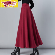 初徑秋冬新款復古百搭格子毛呢半身裙女高腰字裙中長(cháng)款休閑大擺長(cháng)裙 酒紅色 S