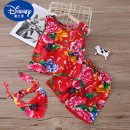 迪士尼（DISNEY）東北大花嬰兒服人造棉寶寶衣服吊帶背心棉綢睡衣分體套裝夏裝薄款 土萌背心套裝-紅色＋頭巾 縮水建議大兩碼拍 150 cm