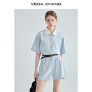 VEGA CHANG工裝連體短褲女夏2025新款小個(gè)子顯瘦高級(jí)感連身衣褲 藍(lán)色 M
