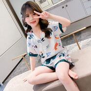 童話(huà)酷酷女童冰絲睡衣三件套裝夏女孩夏季薄款兒童家居服睡衣短袖空調服  白色樹(shù)葉（T2036夏款） 140 碼建議身高135cm左右