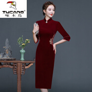 啄木鳥(niǎo)（TUCANO）金絲絨旗袍中年女婚禮母親禮服秋款胖喜婆婆婚宴裝紅色連衣裙 666酒紅色 XL (建議110-120斤)
