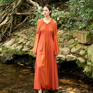 高義泰楓葉紅60姆米重磅真絲拼接喬其絲綢披肩袖垂順長(cháng)款連衣裙女AY183 綠 色  M