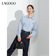 LAGOGO純棉藍白條紋刺繡長(cháng)袖襯衫女拉谷谷春秋新款清新百搭上衣 藍白(NV) S