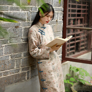 亂在江南亞麻中國(guó)風(fēng)印花改良旗袍裙新中式盤扣立領(lǐng)復(fù)古優(yōu)雅連衣裙 花色 春款雙層 L