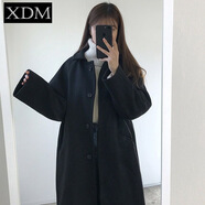 熊迪明毛呢大衣女學(xué)生寬松冬加厚長(zhǎng)款過(guò)膝呢子外套原宿風(fēng)女式上衣潮 黑色 S