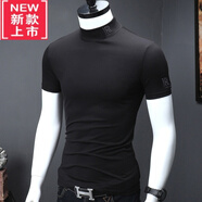 PLAYYOUNG品牌男裝小高領(lǐng)短袖男打底衫感夏季薄款T恤棉修身半高領(lǐng)半袖ins 黑色 XL