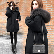 妍莉芬棉服女中長(zhǎng)款2024冬季新款女裝韓版加厚棉衣女大毛領(lǐng)繭型棉襖外套 黑色 M
