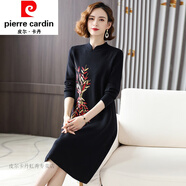 皮爾卡丹（pierre cardin）春夏羊絨羊毛衫旗袍毛衣裙女士長(cháng)袖寬松中長(cháng)款針織連衣裙厚優(yōu)雅簡(jiǎn) 黑色 M