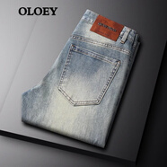 OLOEY香港潮牌美式復(fù)古牛仔褲男2024春季薄款彈力修身重工水洗小直筒褲 復(fù)古藍(lán) 30 2尺3腰圍