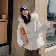 妍莉芬（yanlifen）紫色羽絨棉服女冬季2024新款大毛領(lǐng)加厚羽棉襖絨服面包服棉衣外套 米白色 S【推薦105斤以下】