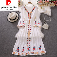 皮爾卡丹（pierre cardin）度假沙灘防曬長裙女波西米亞民族風(fēng)復(fù)古刺繡旅游氣質(zhì)連衣裙喇叭袖