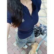 素織錦t恤女修身上衣涼感緊身正肩短袖女士夏季純欲風(fēng)辣妹穿搭衣服女裝 美式正肩紐扣t恤【藏青色】均碼