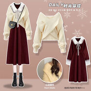 錦競新年衣服連衣裙套裝女學(xué)生冬季圣誕過年穿搭本命年龍年紅色裙子 3015杏色毛衣+紅色裙子兩 L【建議101-120斤】