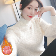 全鶯月2021秋冬新蕾絲打底衫時尚半高領(lǐng)磨毛泡泡袖上衣女 白色加絨款 領(lǐng)口有紗 L 105-120斤