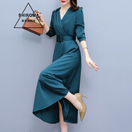 SHIROMA長(zhǎng)袖連衣裙女中長(zhǎng)款早春秋年新款收腰時(shí)尚氣質(zhì)裙 湖藍(lán)色 XL (110-120斤)