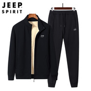 JEEP SPIRIT休閑套裝男士運動跑步春秋季寬松大碼衛(wèi)褲青年開衫衛(wèi)衣衛(wèi)褲兩件套 黑色+束腳褲加絨 L