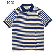 優(yōu)旋230G重磅翻領(lǐng)T恤阿美咔嘰復(fù)古?；晟兰兠迼l紋短袖POLO男夏 淺藍(lán)條紋 XXL