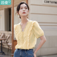 茵曼（INMAN）花邊純色v領(lǐng)襯衫女裝2025夏季新品泡泡袖短袖上衣 黃色 XL