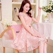 澤萬(wàn)邦2023夏裝修身蕾絲淑女連衣裙女裝韓版夏季時(shí)尚中長(cháng)裙 粉紅色 S