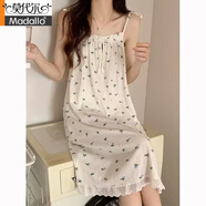 莫代爾吊帶睡裙女夏季梭織棉帶綿墊女士學生花邊杏色家居服睡衣裙子夏天 2212# 綁帶裙 無胸墊 藍花 XL 建議115-130斤