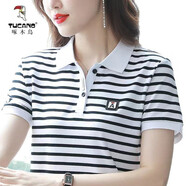 啄木鳥(niǎo)時(shí)尚女裝女士襯衫條紋短袖純棉t恤女夏新款中年媽媽顯瘦polo衫T 白黑細(xì)條紋 L (建議100-110斤)