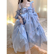 悅澈lolita花嫁藍色吊帶連衣裙洋裝洛麗塔優(yōu)雅華麗公主長裙 藍色長款+發(fā)飾+接袖+飄帶+項鏈 S