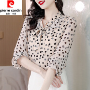 皮爾卡丹（pierre cardin）真絲襯衫女夏季新款碎花洋氣漂亮?xí)r尚洋氣小衫高端桑蠶絲上衣減齡 杏色 4XL (140-155斤)