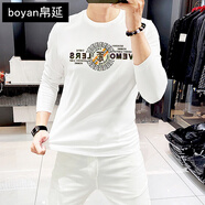 帛延（boyan）歐貨潮牌B家高級燙鉆長(cháng)袖男t恤秋季新款時(shí)尚男裝百搭修身內搭體恤 白色 M