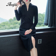 Aosijie輕奢女裝品牌 氣質(zhì)V領(lǐng)針織長袖連衣裙2021秋冬裝新款顯瘦毛衣裙中長款打底針織裙一步裙 黑色 M