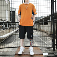 古謙 純棉短袖T恤套裝男夏季休閑半袖男五分褲一整套百搭運動兩件套男 桔色 L （建議115-130斤）