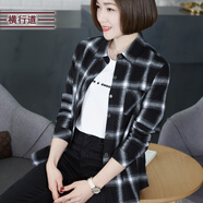 橫行道2024新款女裝純棉格子寬松上衣服棉質(zhì)港風(fēng)襯衫休閑外套長袖襯衣 黑色 L