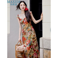瑪希迪2024新款連衣裙雪紡明艷花朵拼色復古度假風(fēng)暈染印花修身吊帶裙 花色 S