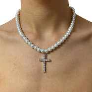 QMXD項鏈男潮學(xué)生人造珍珠十字架吊墜歐美風(fēng)高街嘻哈鎖骨鏈禮物送男友
