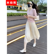 米珀莉小香風(fēng)連衣裙裙子夏天女裝2025新款氣質(zhì)女神范套裝V領(lǐng)上衣半身裙 粉衣杏裙套裝 S