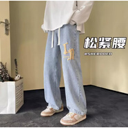 Baldauren男大童牛仔褲6-15歲初中小學(xué)生男女孩春秋新款女童寬松休閑直筒褲 淺藍(lán)色-字母LR 170 身高155-165cm
