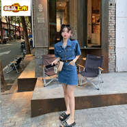 初徑牛仔連衣裙中長(cháng)款女2025早春季新款收腰氣質(zhì)復古炸街歐洲站襯衫裙 藍色送腰帶 68款 S