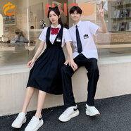 慕幕班服秋季套裝學(xué)生初中生學(xué)院風(fēng)校服運動會朗誦演出班服高中生套裝 白襯衫短袖+黑色護胸裙+紅色領(lǐng) M
