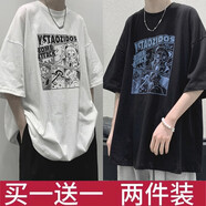 DCOUD短袖T恤男夏季ins潮牌寬松百搭t恤衫男士簡約港風(fēng)半袖大碼男裝 漫畫-白 漫畫-黑 XL