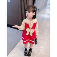 蓓馨貝一歲女寶寶春裝長袖連衣裙女童套裝學(xué)院風(fēng)馬甲套裙兒童衣服公主裙 紅色套裙 100 建議2-3歲