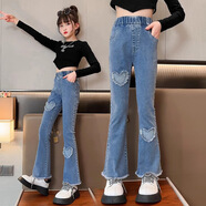 Helichong兒童牛仔褲女孩秋冬款洋氣時髦小女孩微喇叭褲炸街休閑女童褲子 真口袋喇叭褲 150cm