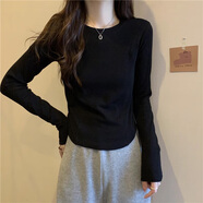 妙奕嘉長(cháng)袖t恤女士修身上衣秋冬季新款白色打底衫女可外穿冬季衣服女裝 收腰弧形下擺長(cháng)袖T恤【黑色】 L 【建議96-110斤】
