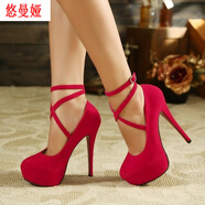 舞臺走秀高跟鞋細跟大碼偽娘變裝情趣絨面夜店綁帶14cm女單鞋40-46碼 紅色普通版(偏小) 41