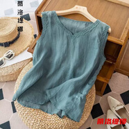 吊帶背心女外穿內搭無袖打底衫上衣仿棉麻夏季新款復古小背心繡花寬松無袖上衣氣質外穿內搭吊帶 藍色 XL 建議115-130