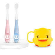 皓牛（HAONIU）兒童牙刷軟毛超細1-2-3-4-5-6歲以上嬰幼兒乳牙寶寶牙膏牙杯套裝 兒童萬毛藍粉2支+小黃鴨水杯