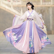 臻一萌漢服女成人學(xué)生鶴挽云印花齊胸襦裙古裝中國風(fēng)日常表演服套裝 紫羅蘭【吊帶+外衣+下裙】 M