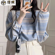 漫佩 扎染條紋T恤女2022秋季新款韓版學(xué)生寬松打底初秋長(cháng)袖上衣服初秋 5908藍 M 建議70-100斤